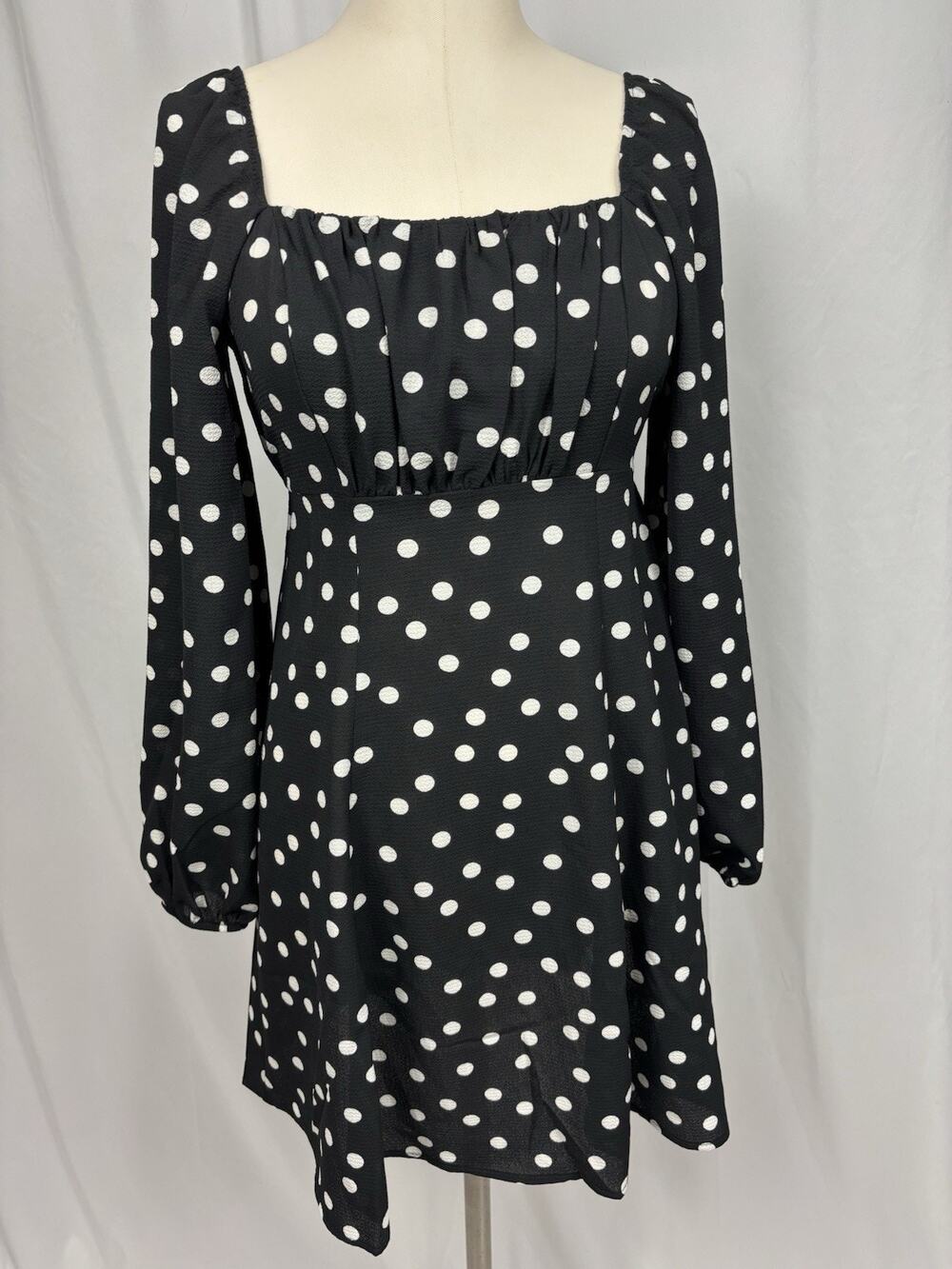 New ASOS Long Puff Sleeve Dress Black White Polka Dot Square Neck Sz 4 Coquette